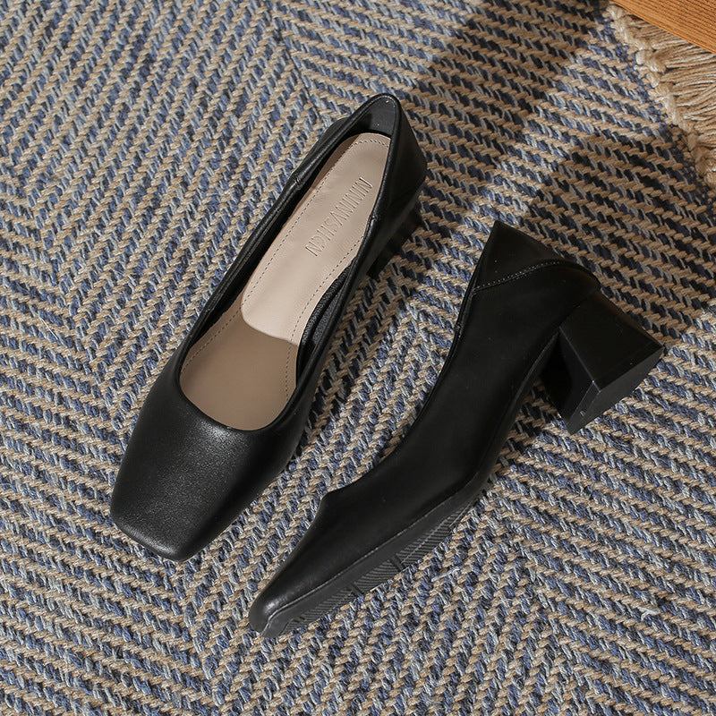 Women's Square Toe High Chunky Lambskin Solid Women's Shoes