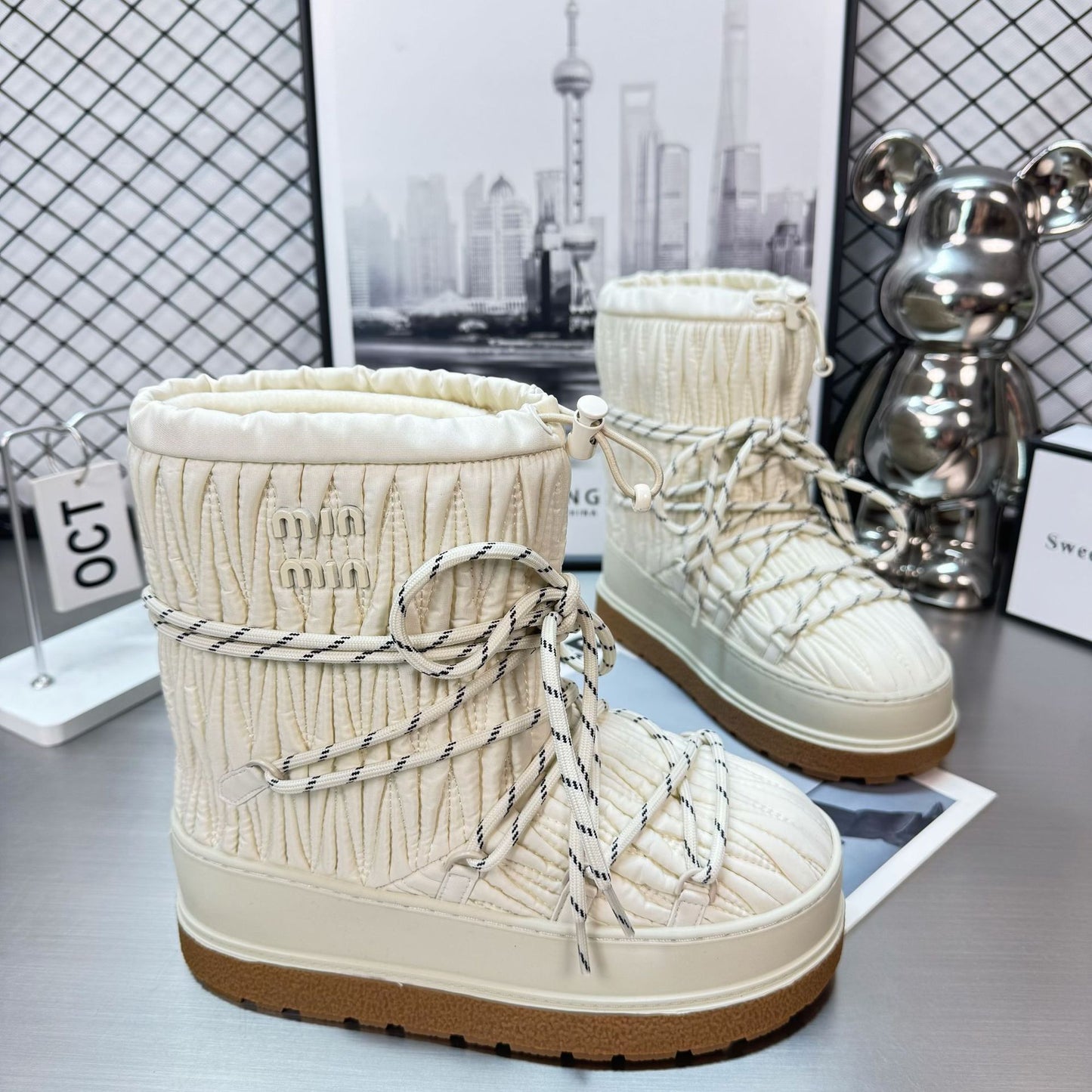 Classic Winter Imported Lamb Wool Pleated Nylon Strap Snow Boots