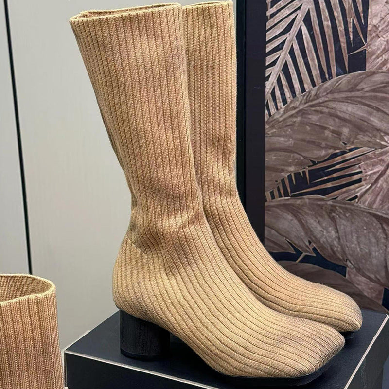 Square Toe Skinny Stretch Cylindrical Socks Boots