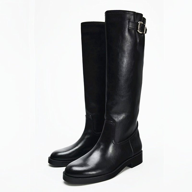 Women's Buckle Decoration Chunky Pantyhose Round Head Thick Bottom Below Boots