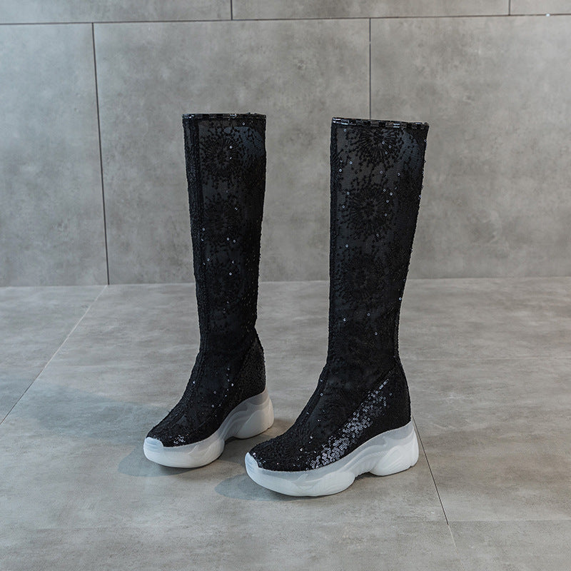 Women's Increasing Insole Embroidered Back Zipper Small Slim Boots