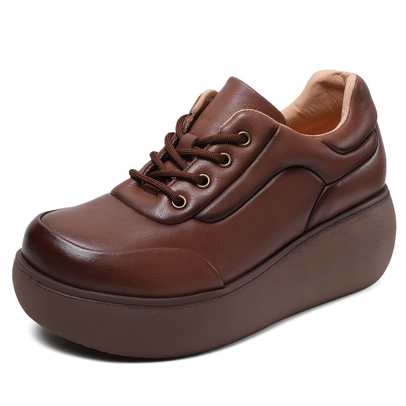 Women's First Layer Cowhide Retro Lace Up Pumps Versatile Wedge Casual Shoes