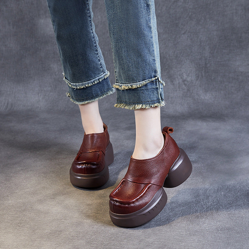 Women's Round Toe Top Layer Cowhide Muffin Slip-on Personality Art Casual Shoes