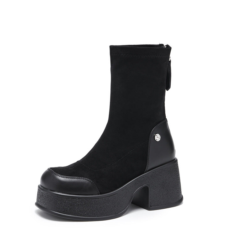 Women's Retro Small Thick Bottom Stretch Skinny Suede Boots
