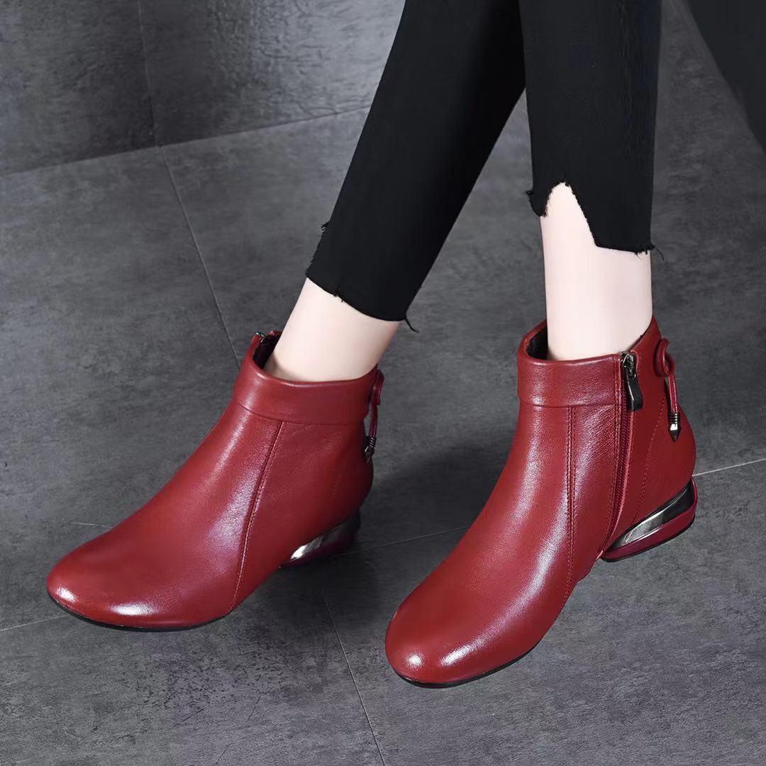 Women's Booties Authentic Low Chunky Round Toe Short Women's Leather Boots