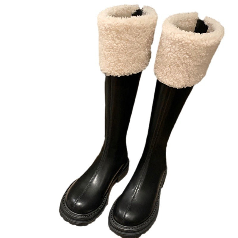 Grape Mom White With Fleece Lining Furry Platform Long Boots