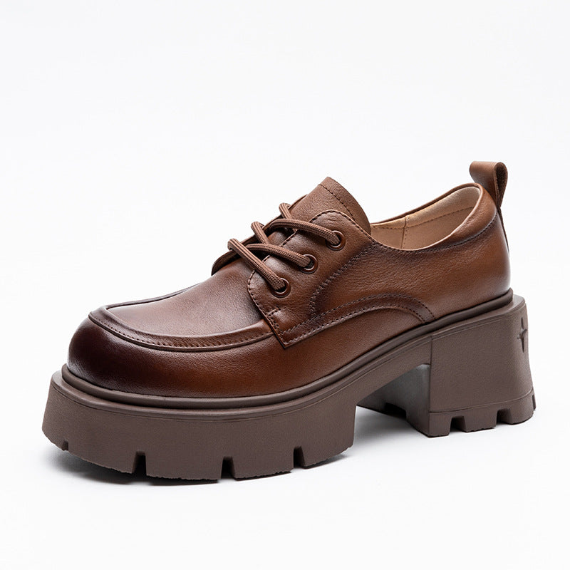 Women's Cowhide Authentic Platform Thick Bottom Lace Casual Shoes