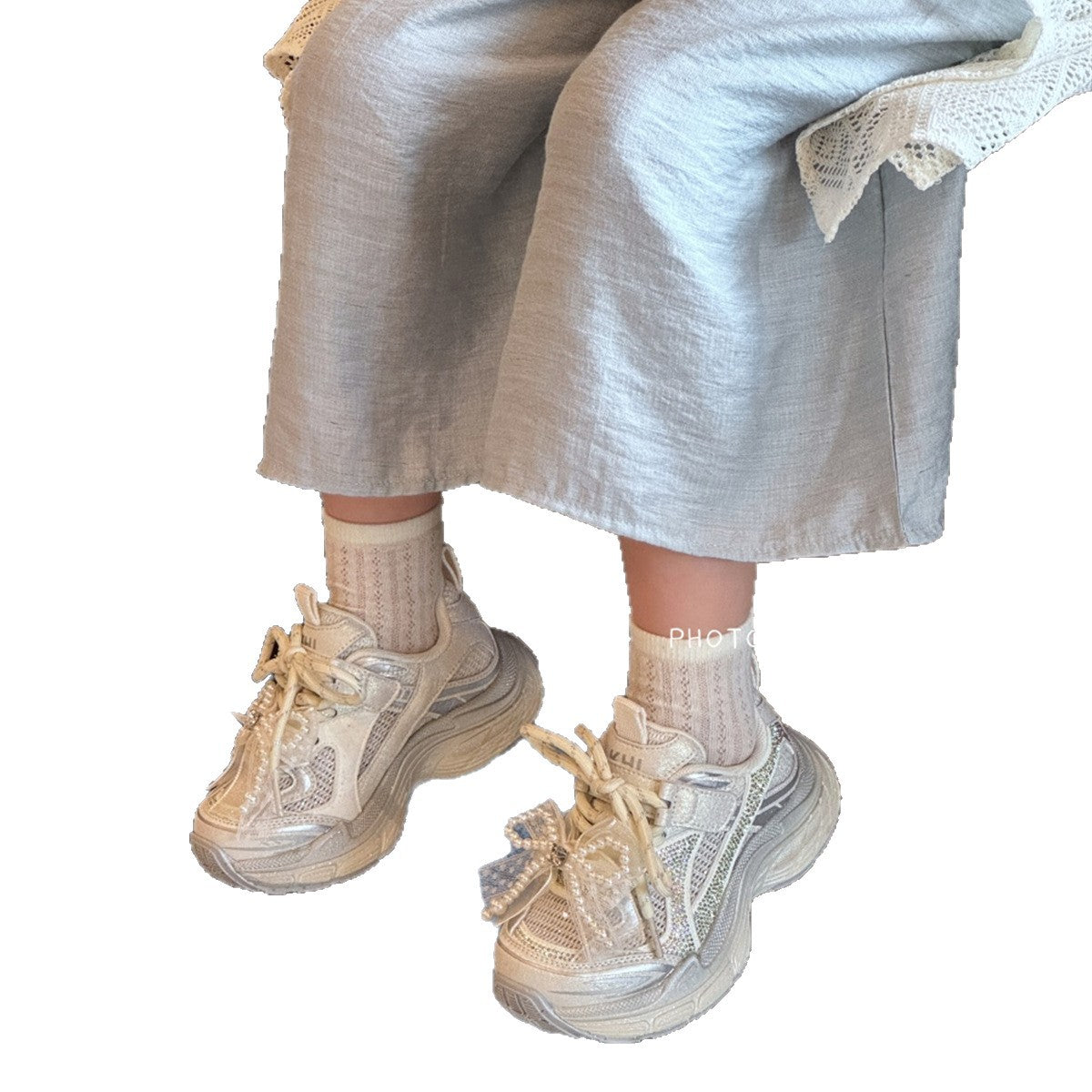 Children's Fashion Rhinestone Pearl Daddy Mesh Breathable Children's Sports Shoes