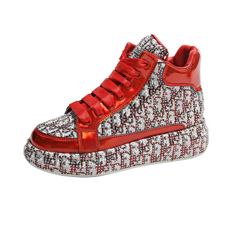 Women's Rhinestone Color Block Embroidery High Top Sneakers