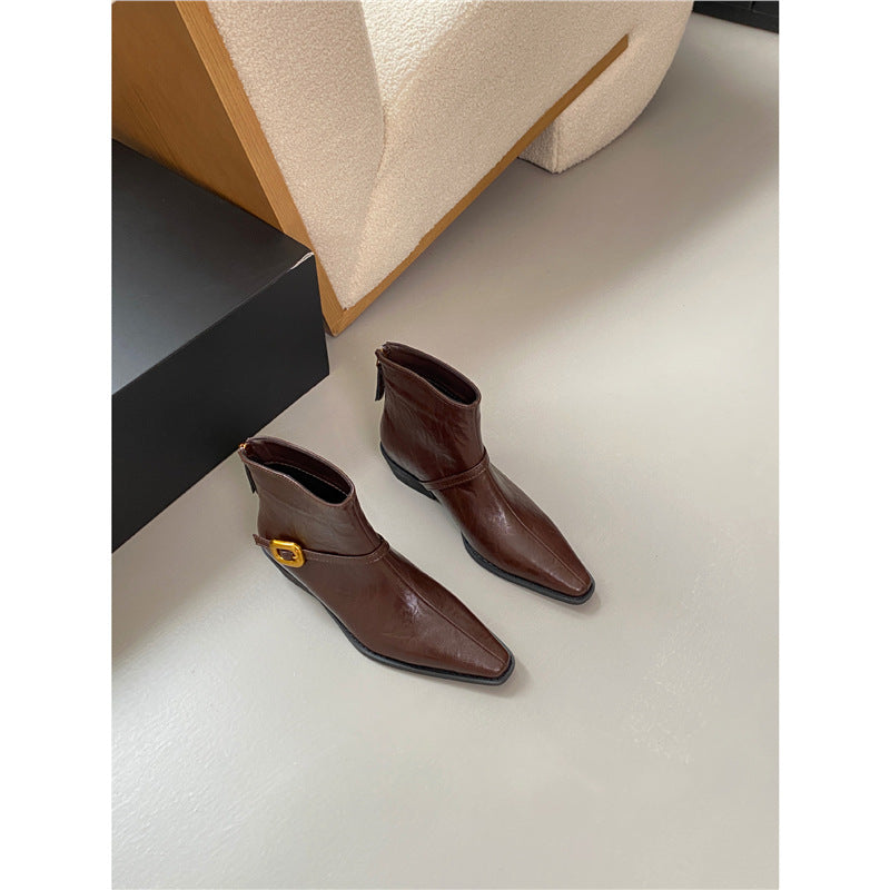 French Retro Brown Western Cowboy Female Chelsea Women's Leather Boots