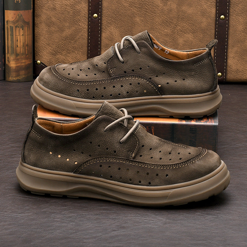 Men's Summer Perforated Genuine Cutout Top Layer Leather Shoes