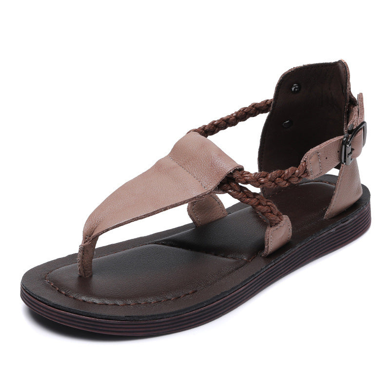 Handsome British Style Genuine Open Toe Handmade Flat Sandals