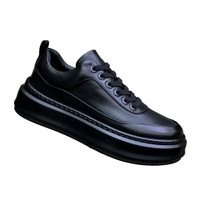 Men's Cowhide Autumn Pure Black Soft Bottom Men's Board Shoes