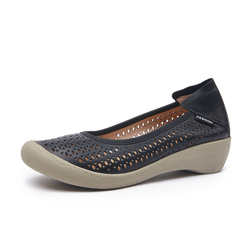 Women's Cowhide Hollow Round Toe Wedge Height Casual Shoes