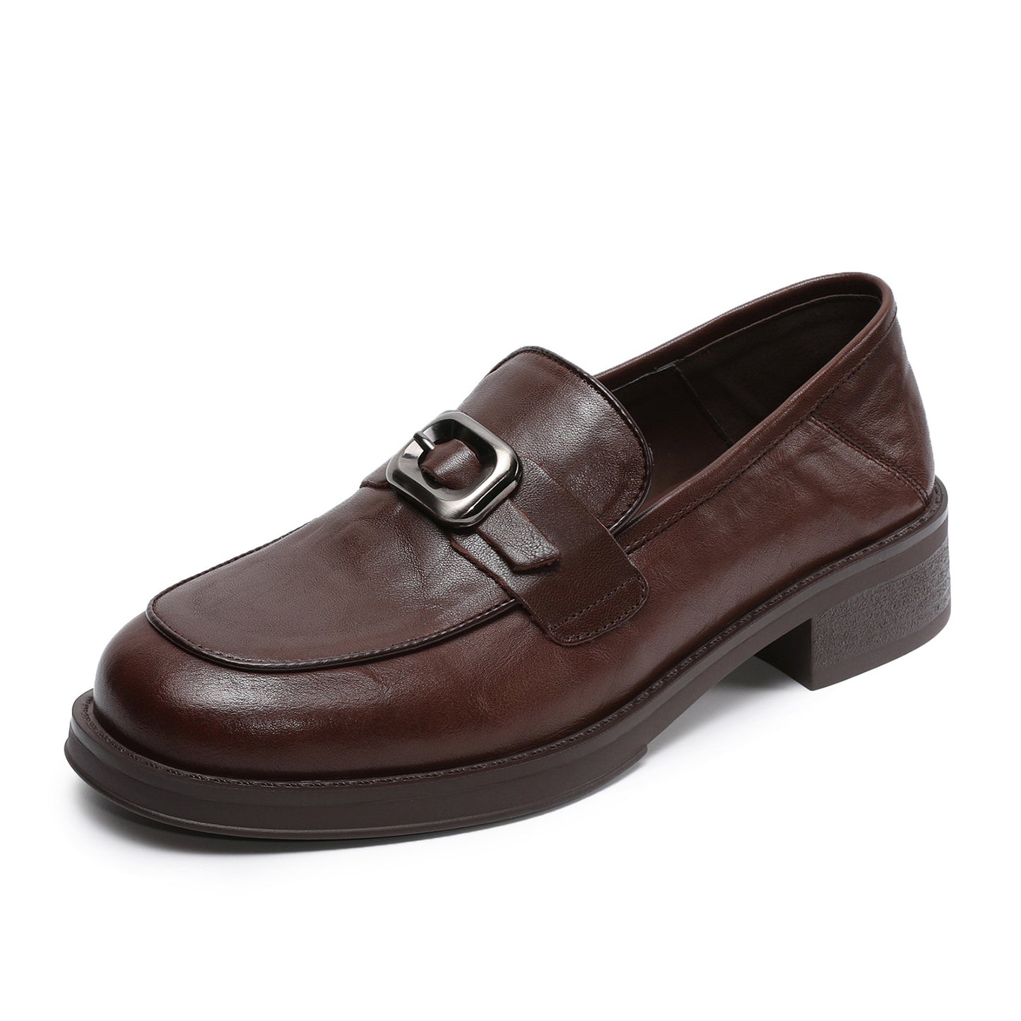 Women's Black Mid Spring Pumps Round Toe Belt Buckle Loafers