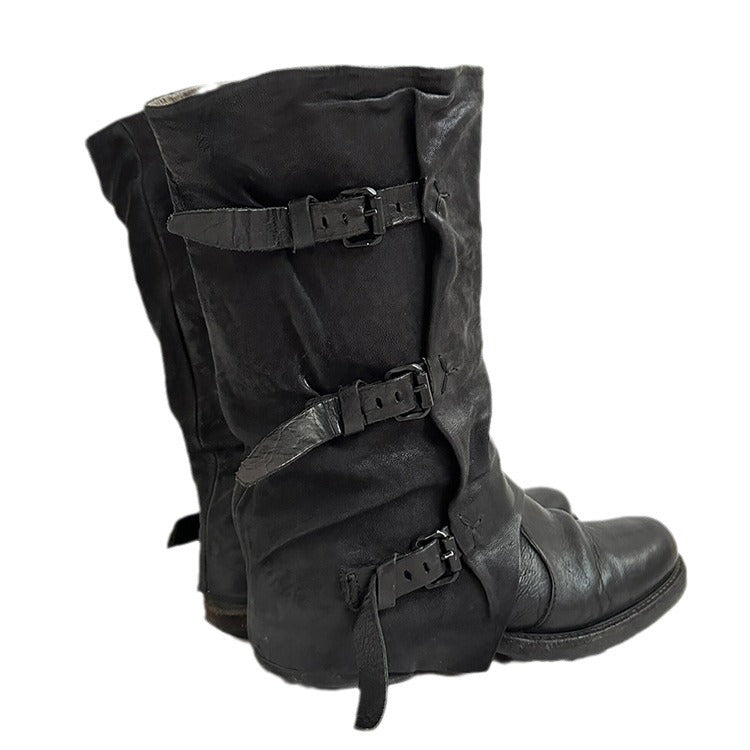 Women's Style Belt Buckle Black Pile Distressed Retro Western Cowboy Cowhide Women's Leather Boots