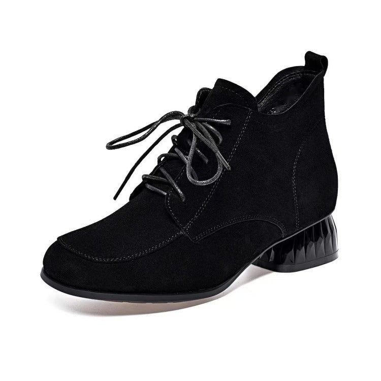 Women's Short Round Head Patent Plaid Thick Low Single-layer Boots