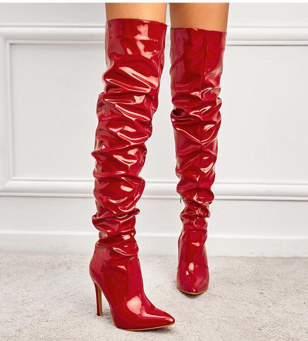 Stretch Autumn Patent Thigh Black Zipper Boots