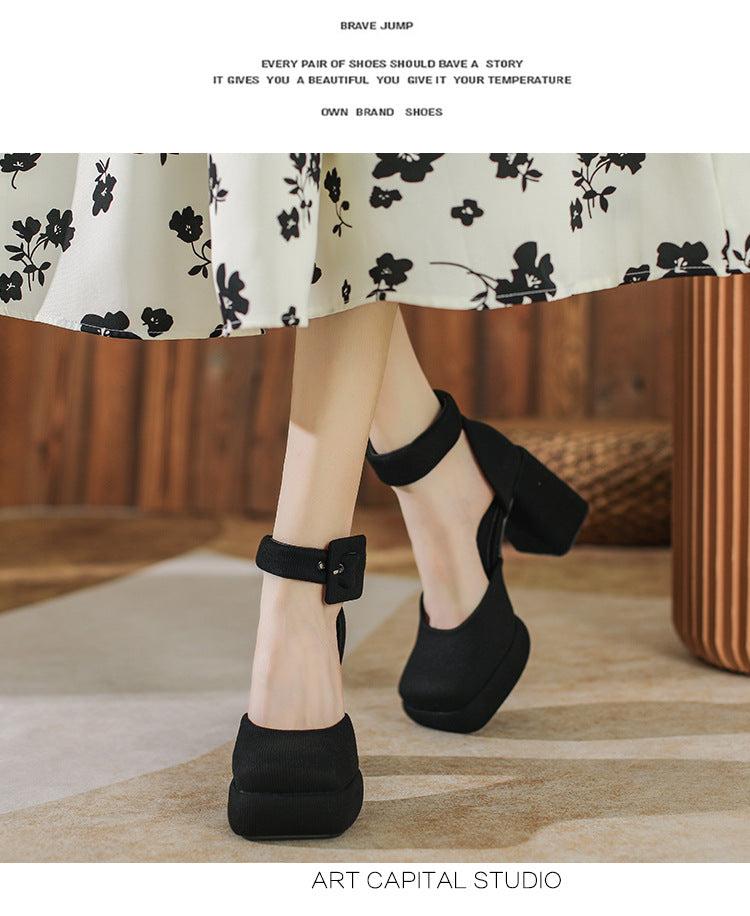 Women's Waterproof Platform Buckle Chunky High Black Women's Shoes