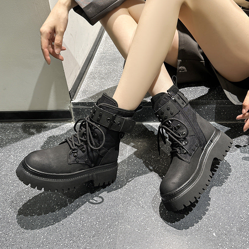 Women's Chunky Platform Retro British Style Genuine Black Martin Boots