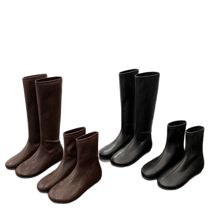 Women's Round Toe Simple Middle Socks Stretch Skinny Below The Knee Women's Leather Boots