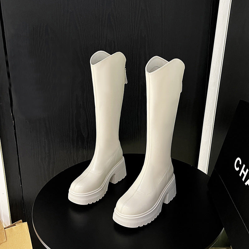 Women's Small Height Increased Thick Bottom Chunky Tall Women's Leather Boots