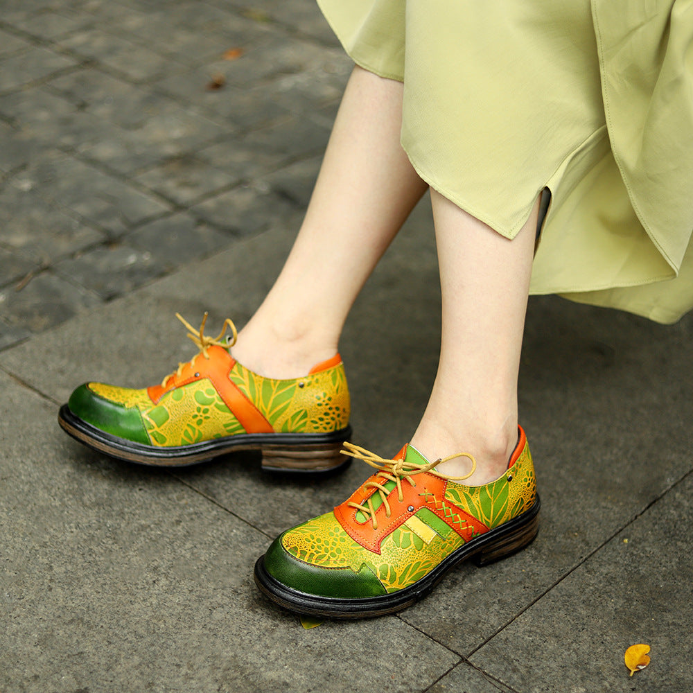 Women's Spring Genuine Retro Printing Color Contrast Women's Shoes