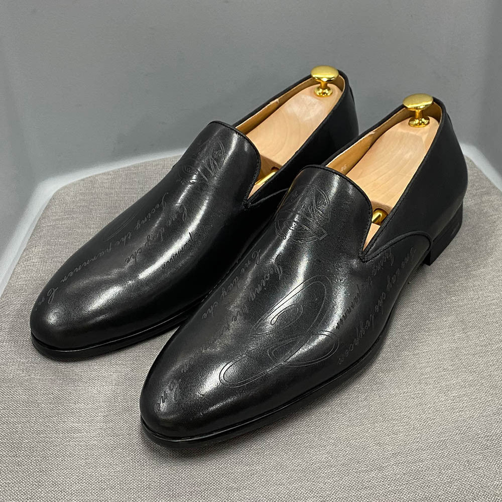 Men's Italian Style Letters Genuine Dress Slip-on Leather Shoes