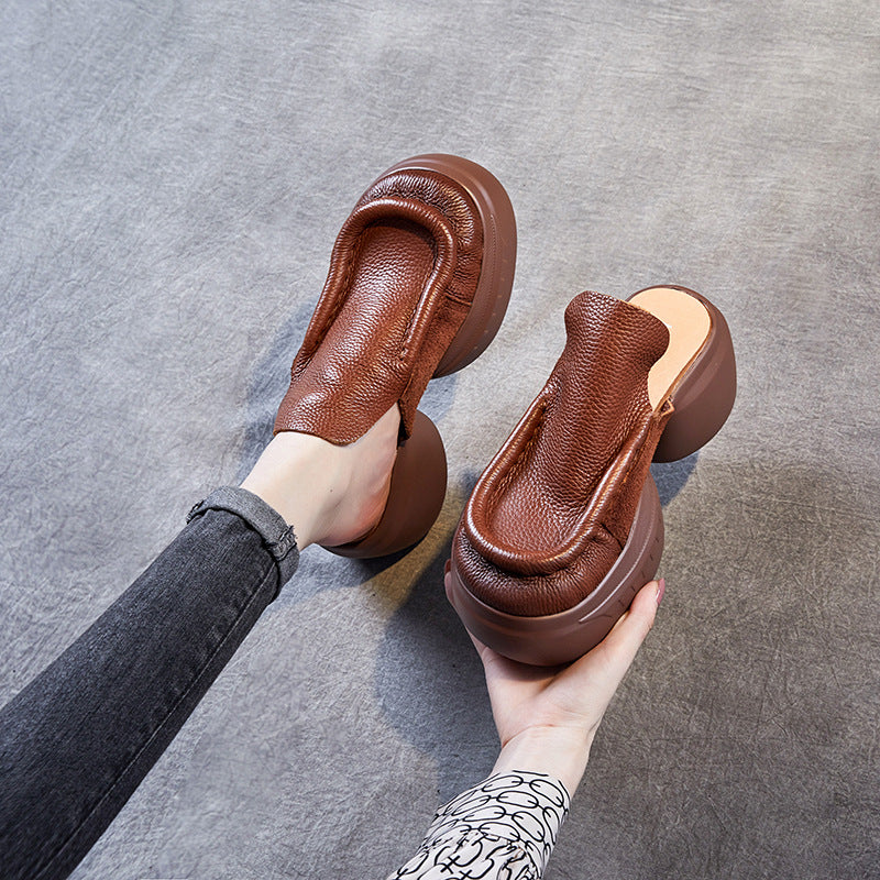 Women's Cowhide Personality Muffin Outer Wear Half Slippers