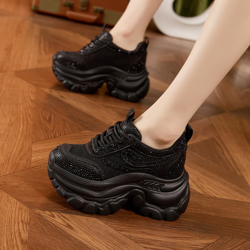 Women's Platform Dad Korean Rhinestone Height Increasing Sneakers