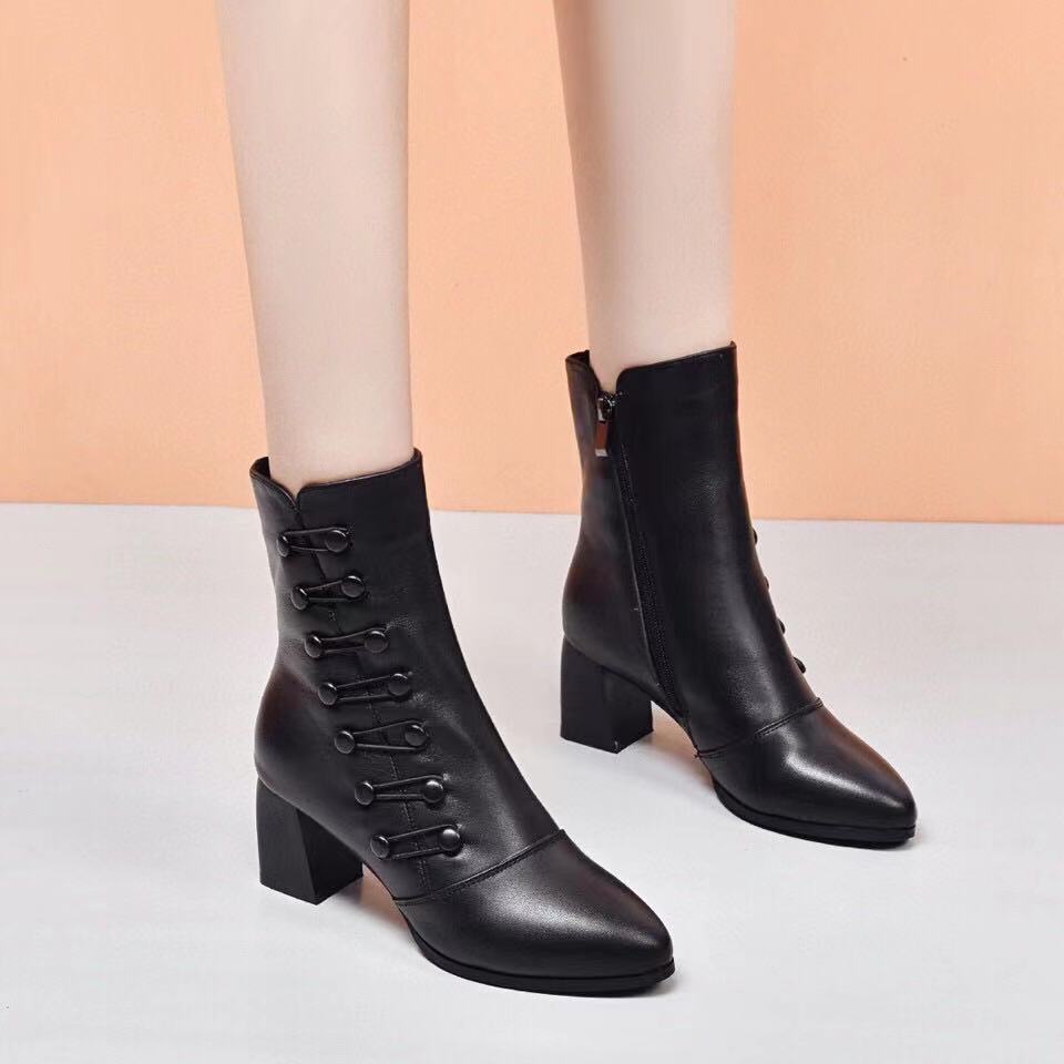 Women's High Chunky Stiletto Real With Fleece Lining Fashion Side Women's Shoes