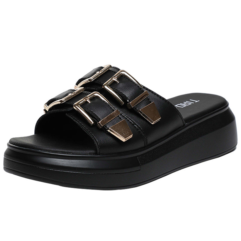 Summer First Layer Cowhide Double Buckle Half Height Slippers
