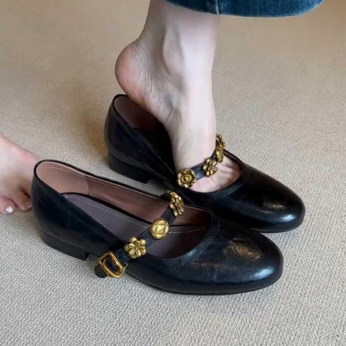 Women's Metal Buckle Genuine Mary Jane French Women's Shoes