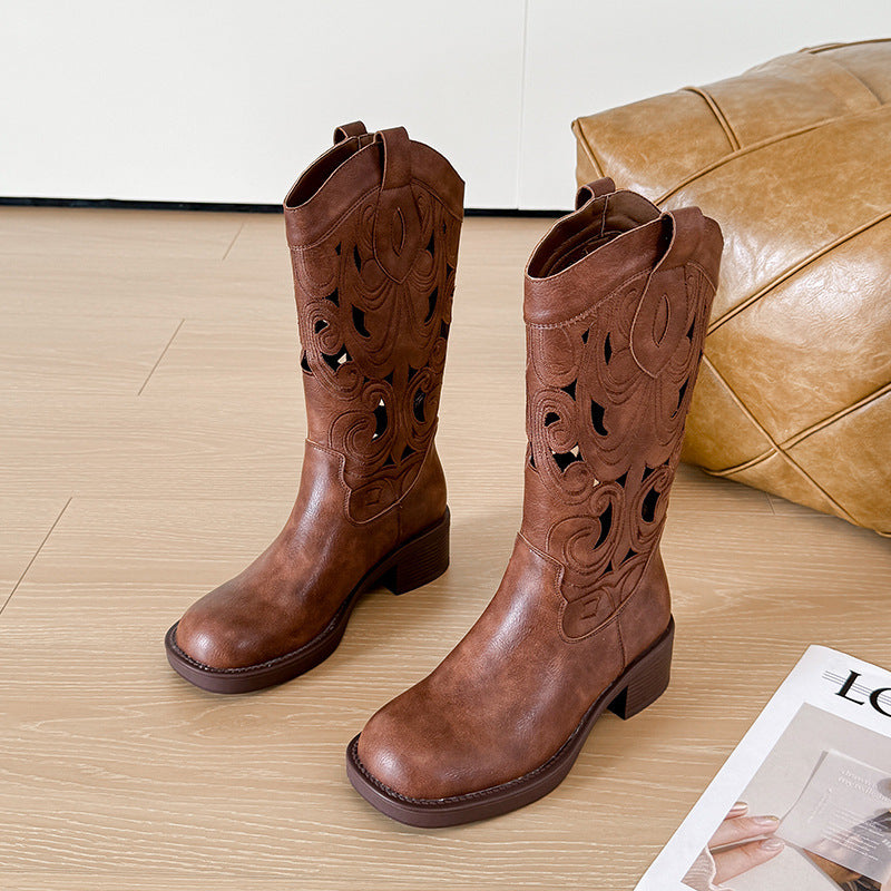 Women's Cowboy V Cut Embroidered Hole Knight Summer Boots