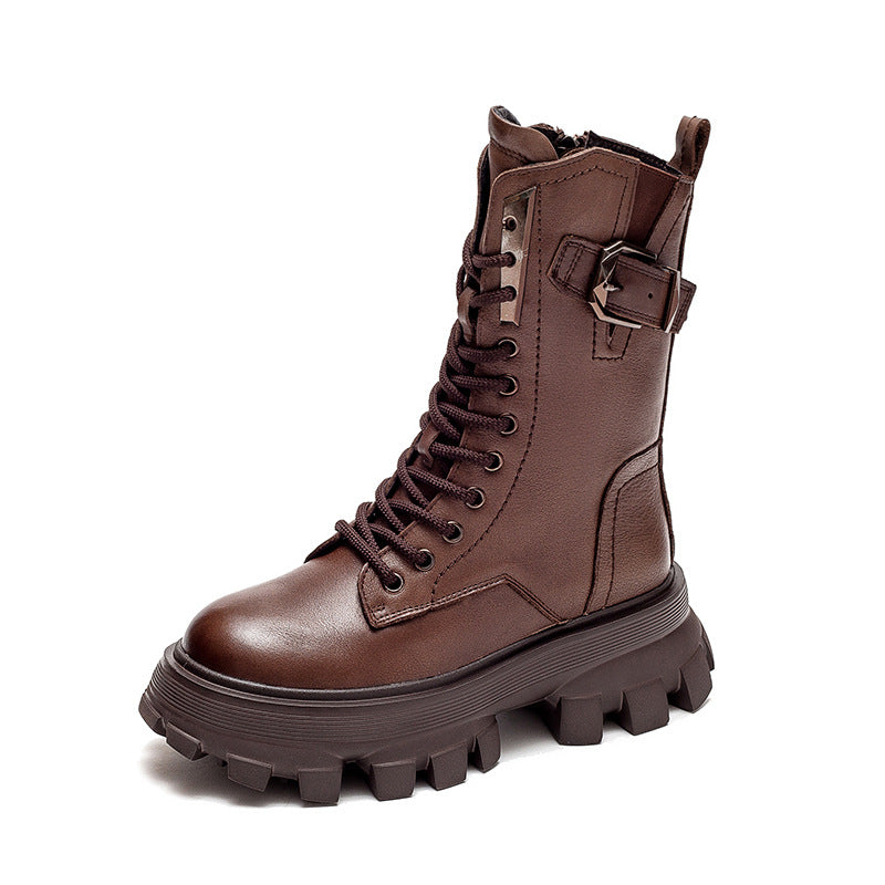 Shu Autumn Solid Color Retro Belt Buckle Muffin Boots