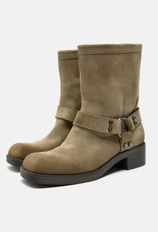 Women's Spring Suede Motorcycle Popular Square Toe Boots