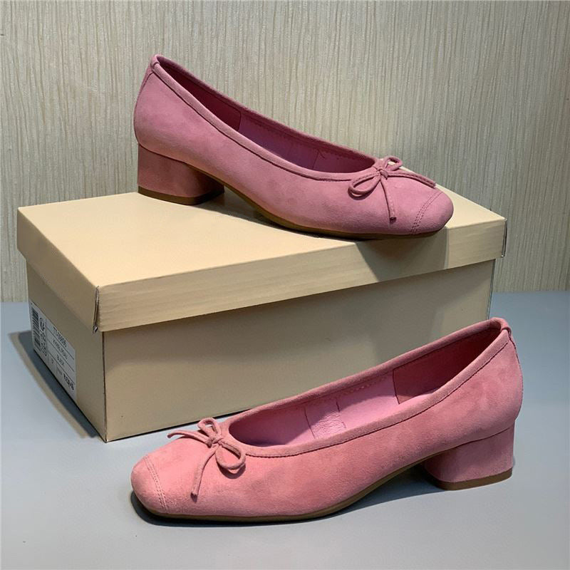 Women's Shallow Mouth Mid Round Head Genuine Bow Women's Shoes