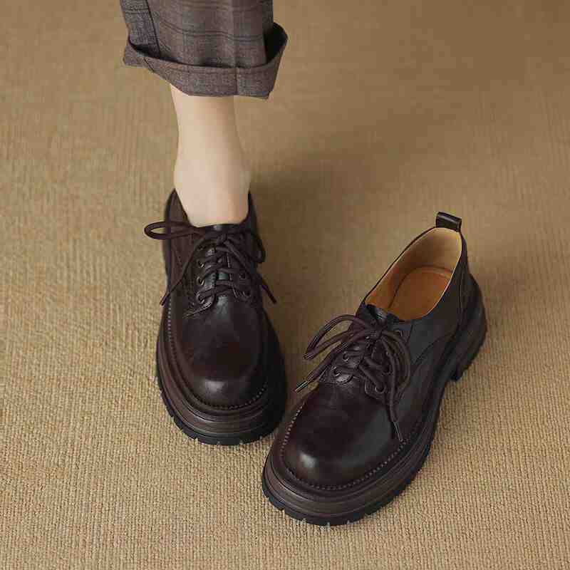 British Style Brown Round Head Thick Bottom Leather Shoes