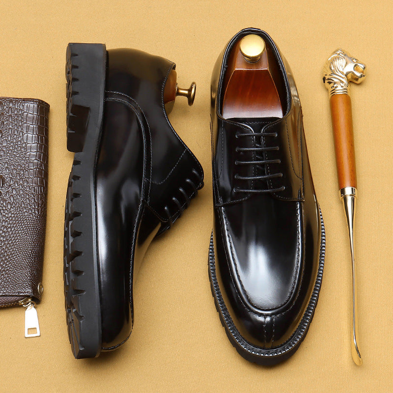 Men's Style Business Formal Wear Genuine Shining Black Platform Leather Shoes