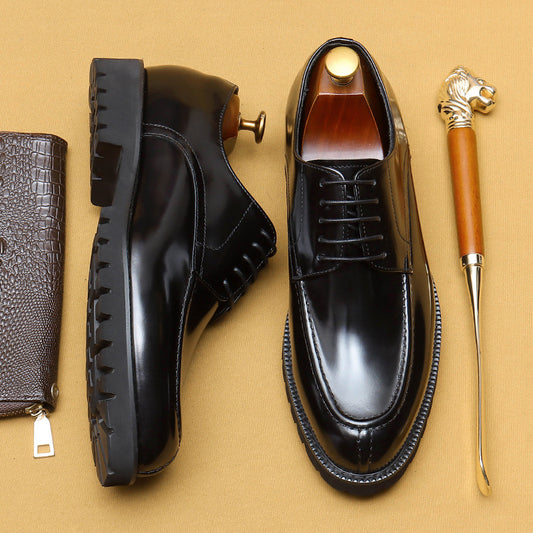 Men's Style Business Formal Wear Genuine Shining Black Platform Leather Shoes