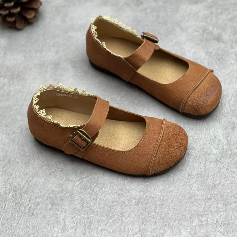 Women's Artistic Genuine Nude Vintage Round Toe Lace Buckle Flat Bottom Women's Casual Shoes