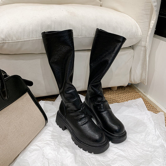 Women's Thick Bottom Chunky Pleated Tube Stretch Boots