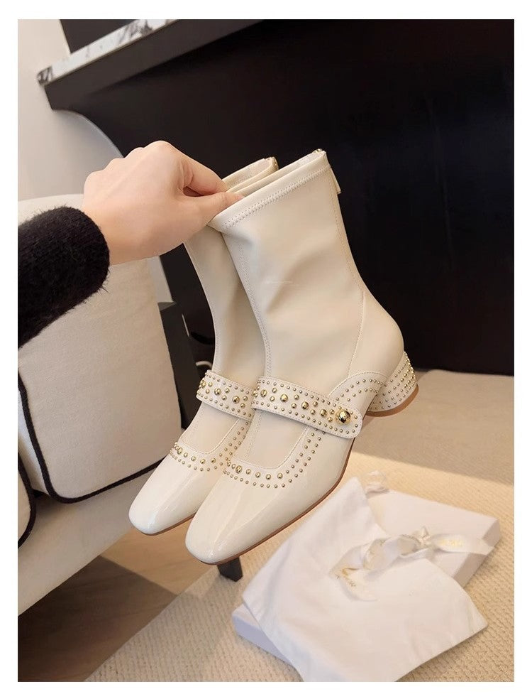 Head Rivet Back Zipper Tube Springy Women's Leather Boots
