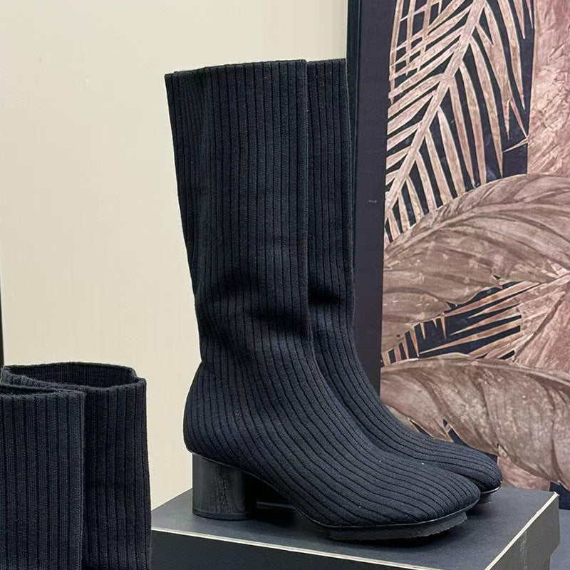 Square Toe Skinny Stretch Cylindrical Socks Boots