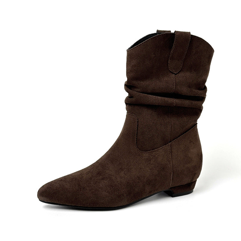 Women's Pleated Chunky V Cut With Height Of Pointed Ankle Pile Women's Leather Boots