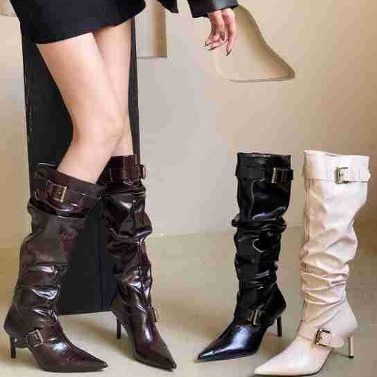 Women's Belt Buckle Stiletto High-heeled Thigh Pleated Pile Style Martin Boots