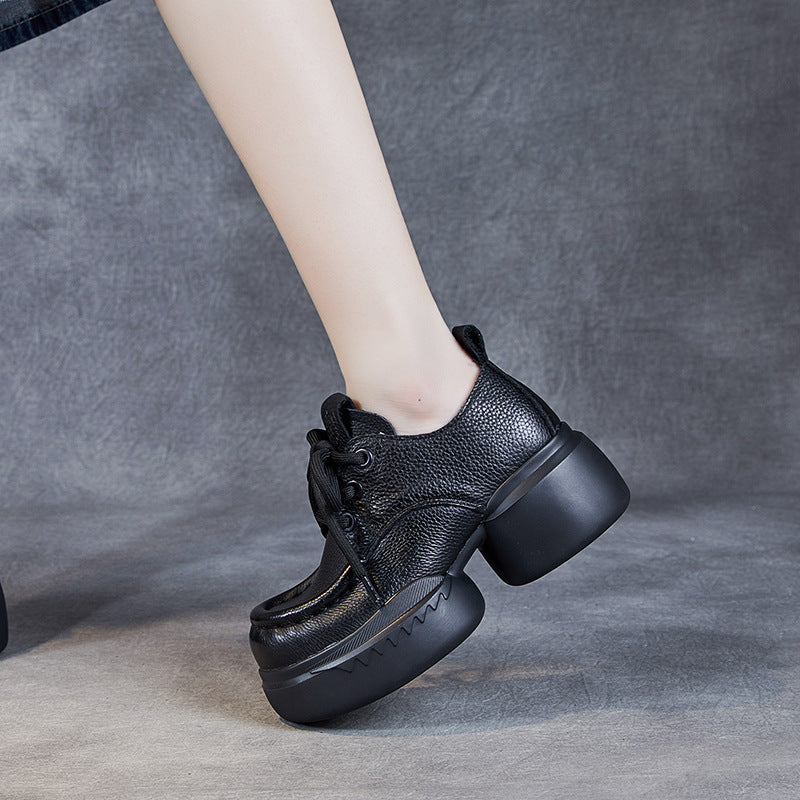 Women's Cowhide Platform Lace Up Round Toe Artistic Casual Shoes