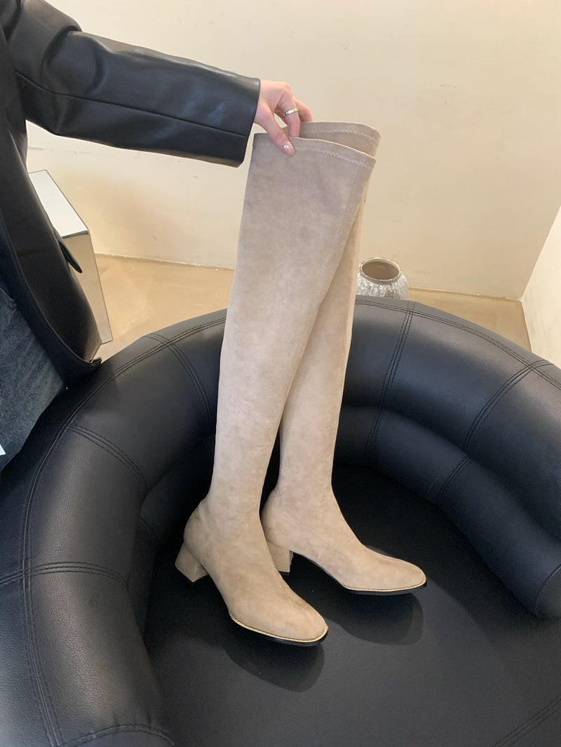 Long Female Tube Tail Soft Suede Chunky Fashion Women's Leather Boots