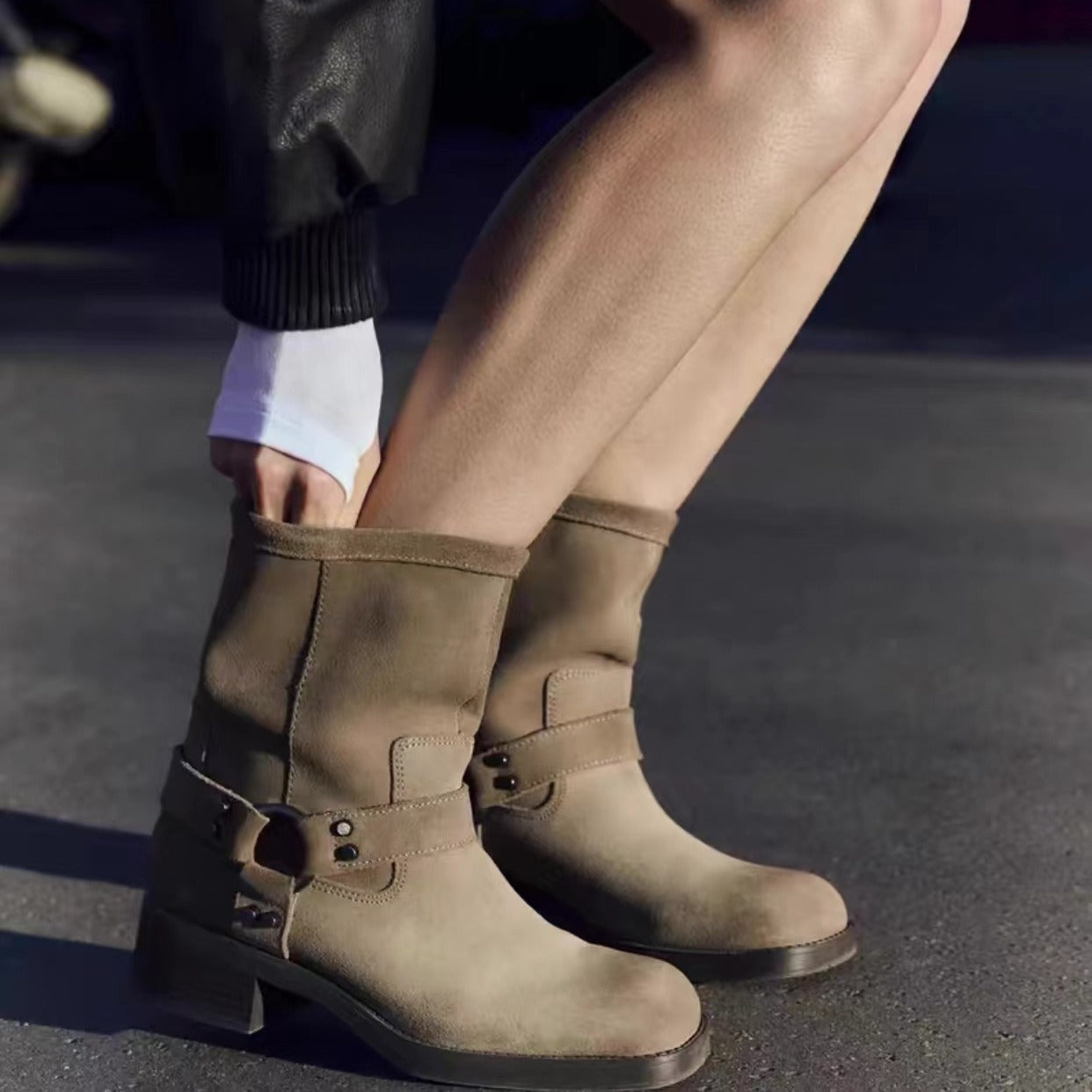 Women's Spring Suede Motorcycle Popular Square Toe Boots