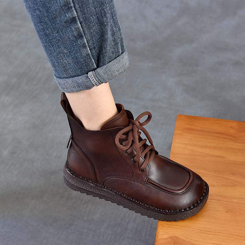 Women's Layer Of Cowhide Soft Bottom Retro Round Toe Flat Women's Leather Boots